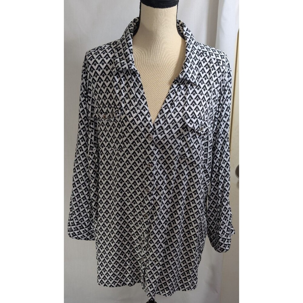 Cato Women's Blouse Black White Geometric Print Tunic Top Roll Tab Size 22/24
